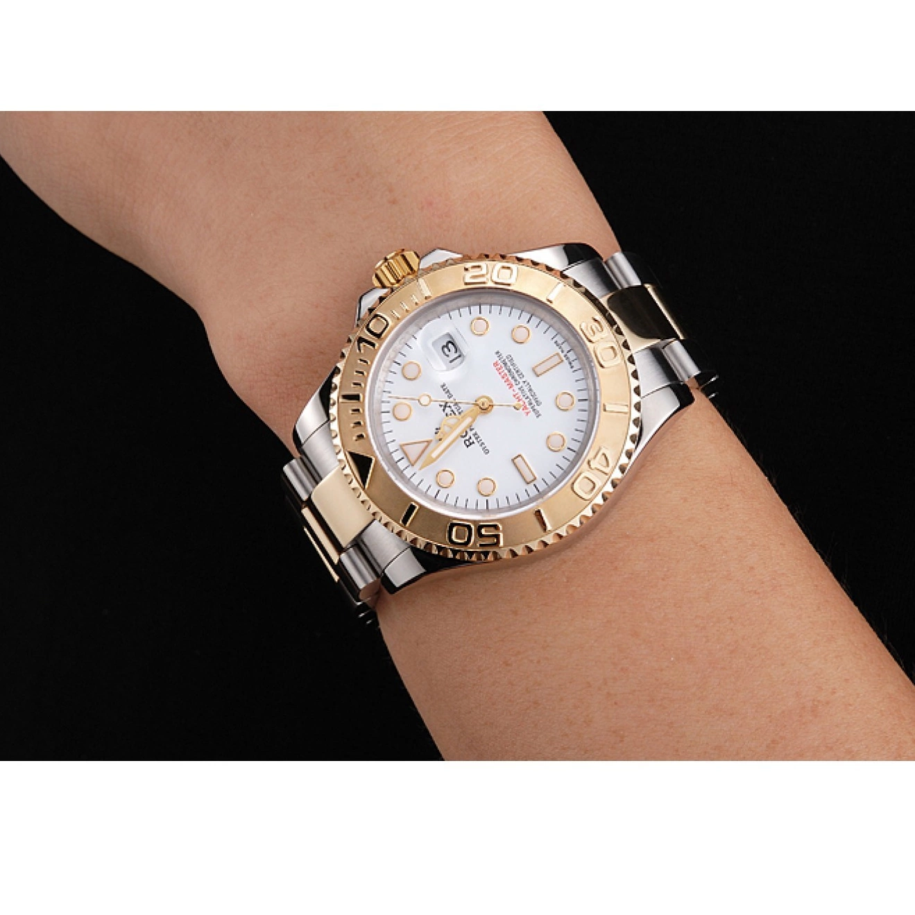 Aaa replica watch Case Tone Steel Yacht-Master Two Dial Stainless Bezel Gold White Swiss Bracelet Rolex 0725